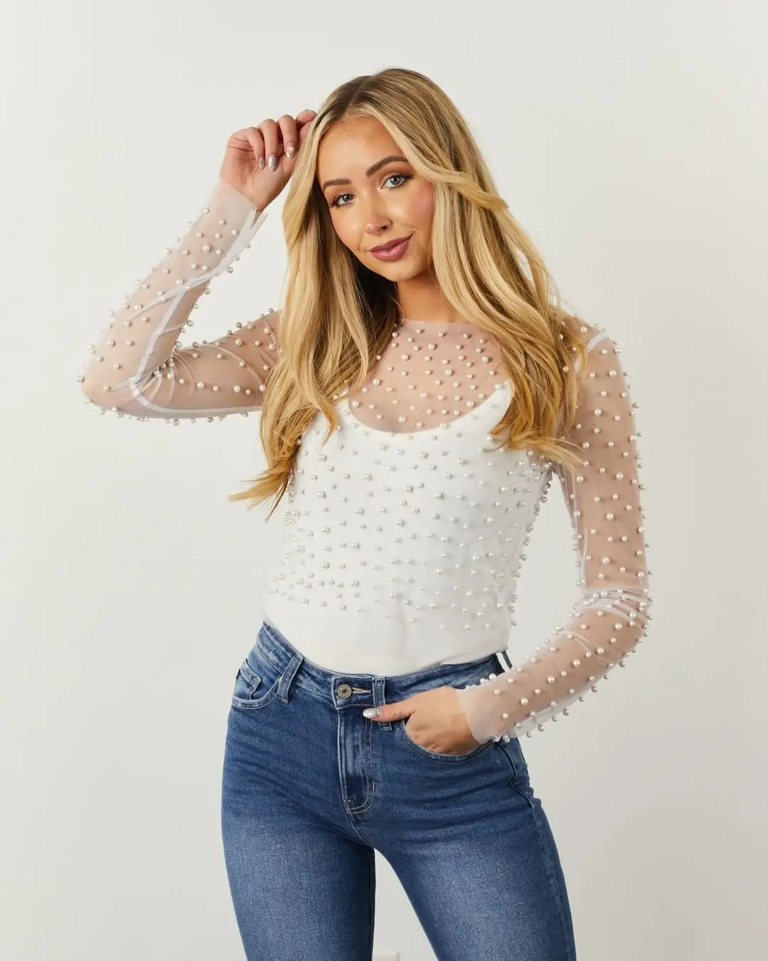 Women's Sheer Mesh Pearl Beaded Crop Top – Festival & Clubwear Cover-Up