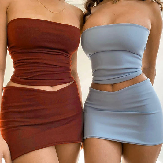 Women's Sexy Backless Tube Top & Mini Skirt Set – Off-Shoulder Summer Outfit