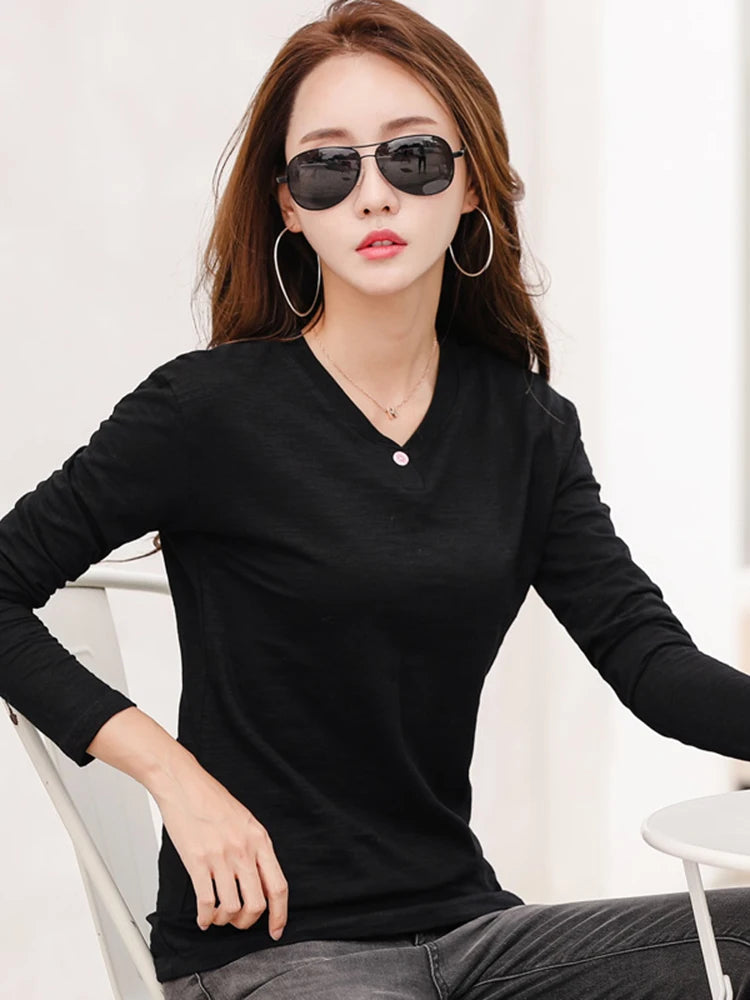 Women's Spring V-Neck Cotton T-Shirt – Soft Loose-Fit Long Sleeve Top