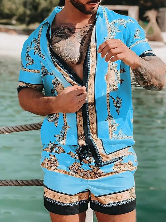 Men's Summer Beach Shirt & Shorts Set – Trendy Loose-Fit Printed Outfit