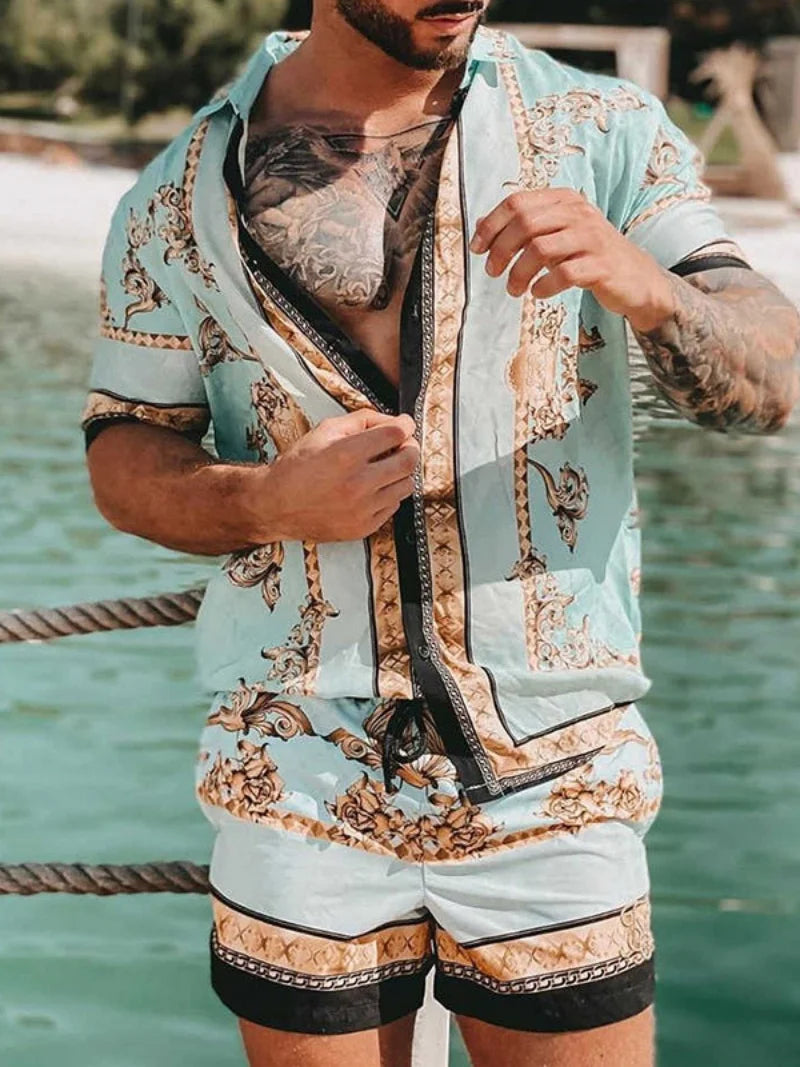 Men's Summer Beach Shirt & Shorts Set – Trendy Loose-Fit Printed Outfit